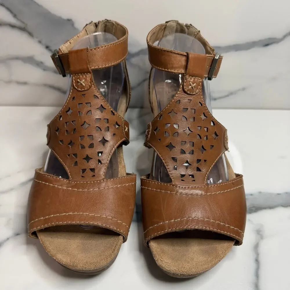 Earth Origins Wmns Tan Leather Hermia Wedge Sandals Sz 9.5 Festival Boho Comfort